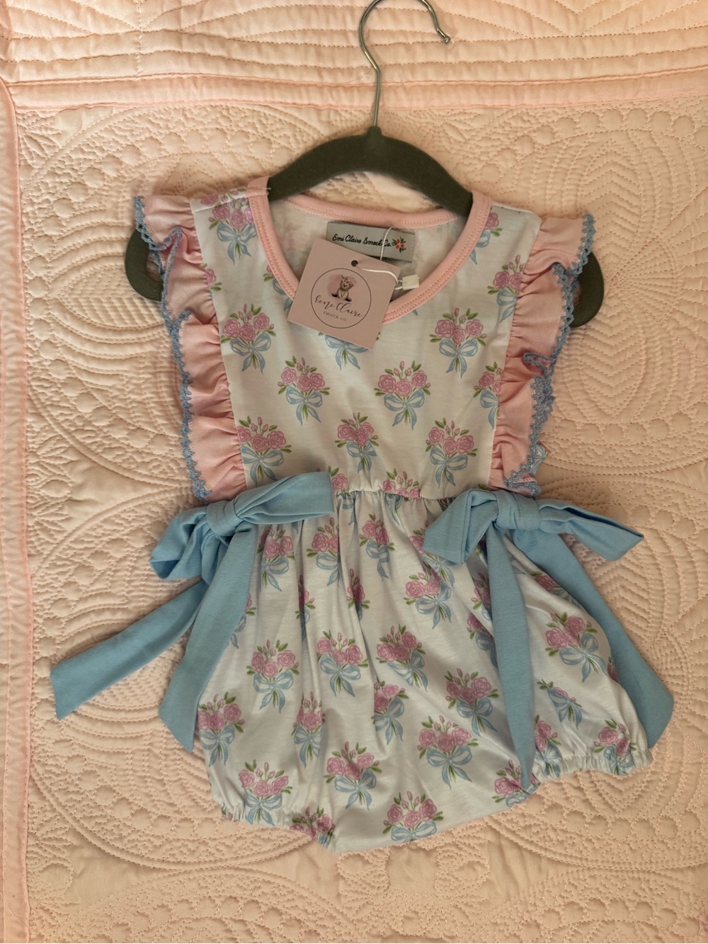 Sweet Floral Blue & Pink Girls One-Piece Romper - Cute Bow Accent